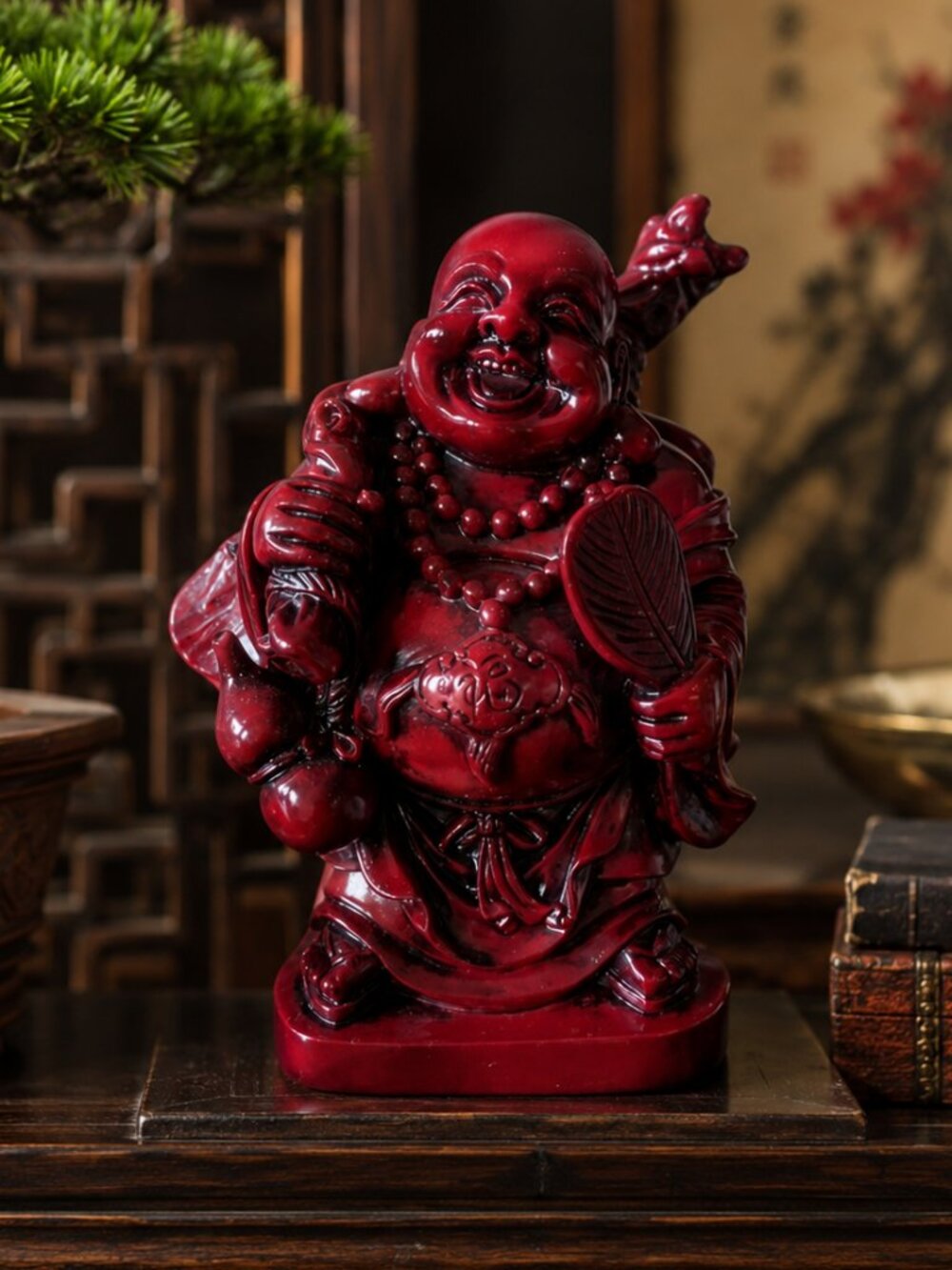Red Laughing Buddha Hotei Statue Figurine Wealth Luck Home Decor 8 Inch Resin LN